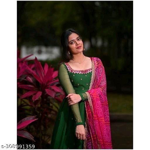 Solid Georgette Gown Kurta with Dupatta for Women