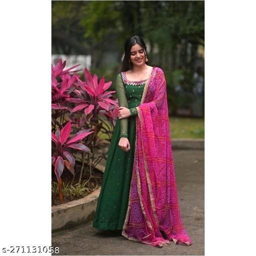 Solid Georgette Gown Kurta with Dupatta for Women