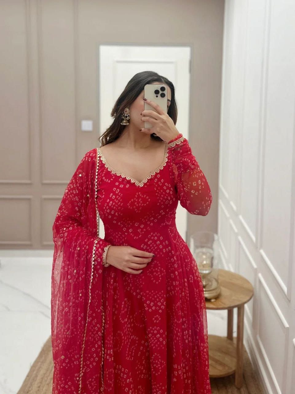 Elegant Women's Red Bandhani Style Gown