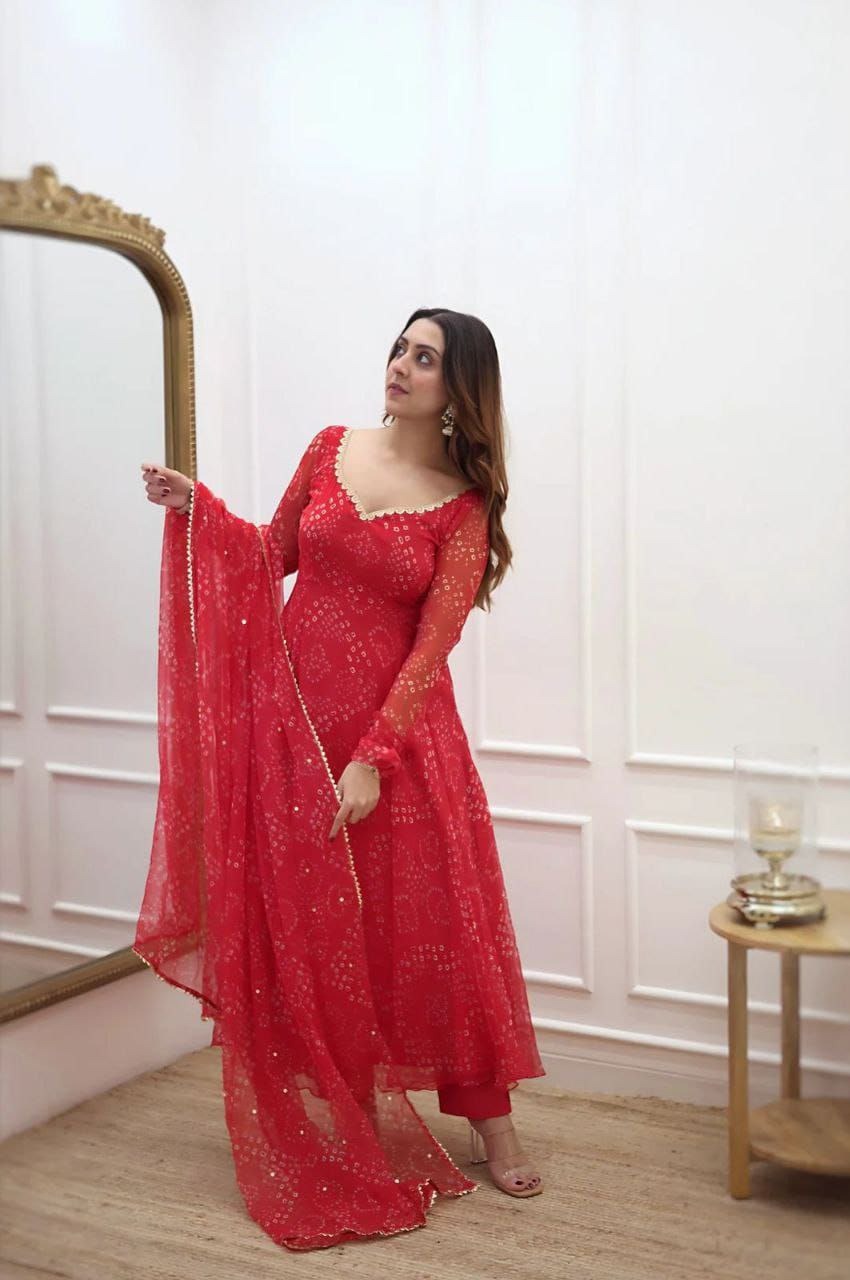 Elegant Women's Red Bandhani Style Gown