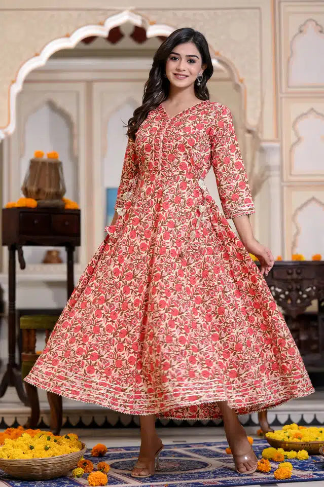 Elegant Red Cotton Printed Anarkali Kurti for Women