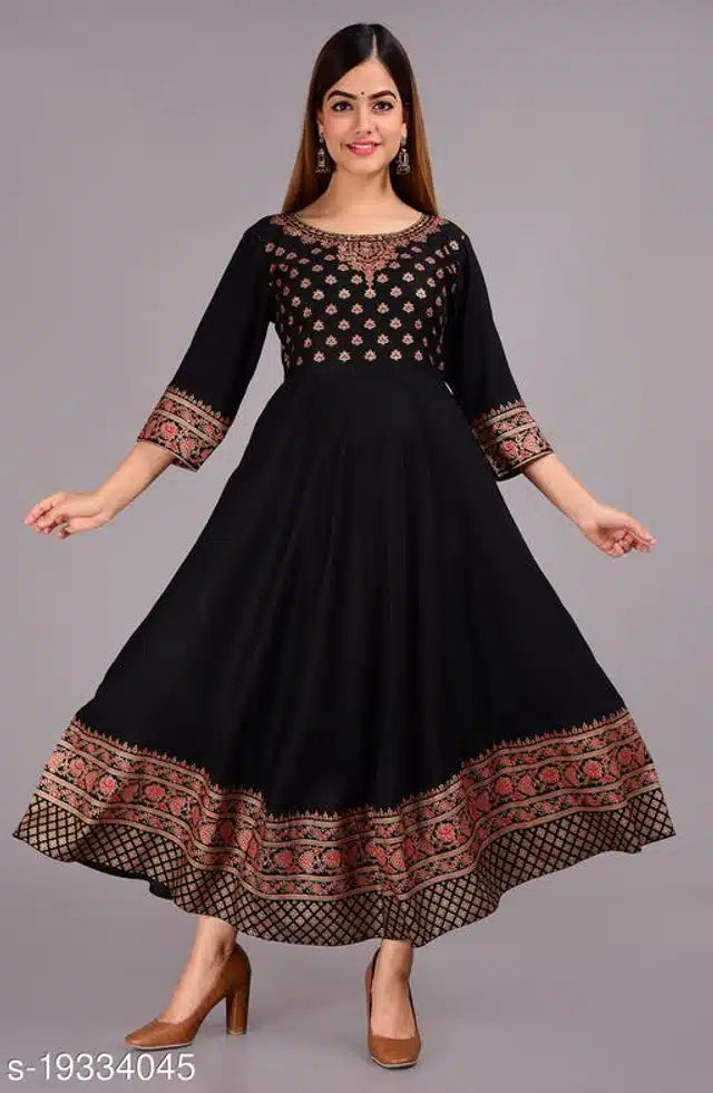 Elegant Black Rayon Printed Anarkali Kurti for Women