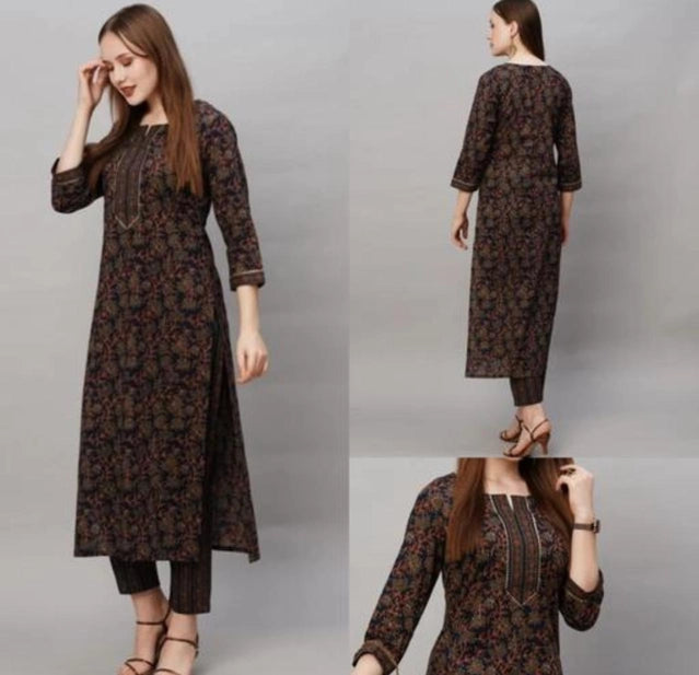 Cotton Blend Printed Kurti with Pant Set for Women